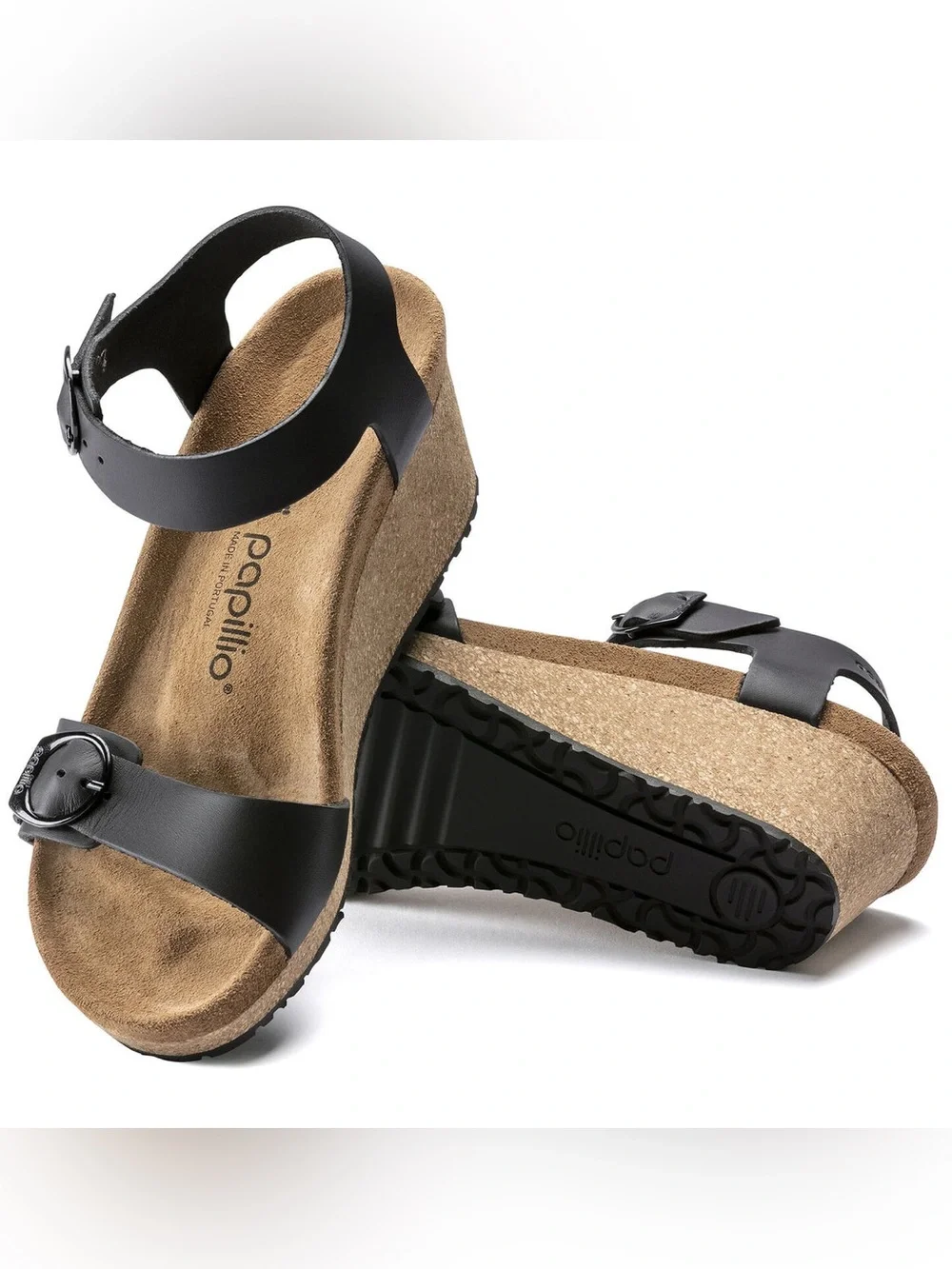 Birkenstock Papillio Soley Black Leather Wedge Sandals with Buckle Straps size 9